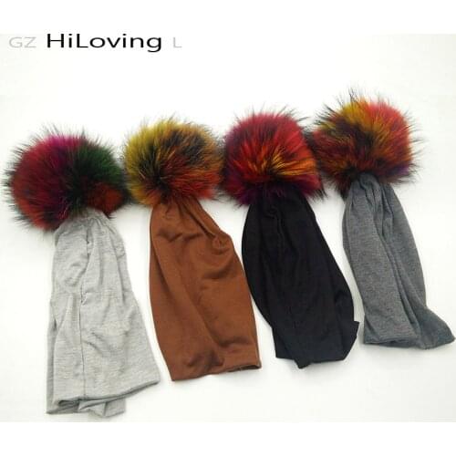 GZHilovingL Winter Polyester Womens Slouch Beanie Hats Multi Color Real Fur Pompoms Hat Men Soft Long Baggy Oversize Slouchy Hat