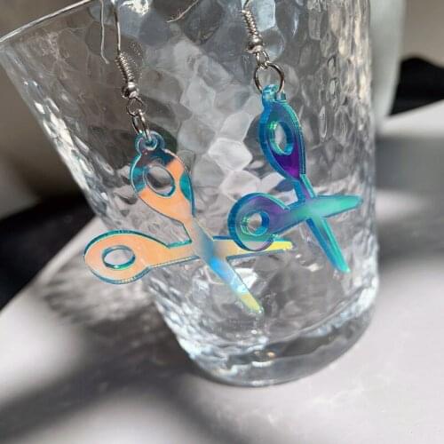 New Laser Color Changed Creative Scissors Acrylic Earrings for Women Cute fashion Geometrics Sky Blue Fashion Dangle Earrings