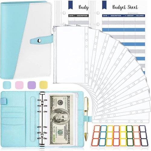 A6 Budget Binder Money Organizer for Cash 26Pcs Budget Binder with Cash Envelopes Kawaii PU Leather Notebook Pocket Blue Pink