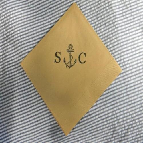 Personalized Nautical Wedding Napkins Vintage Anchor in Light Burlap Paper Custom Wedding Cocktail Napkins with Couples Initial