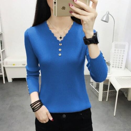Sexy V Neck Buttons Solid Bodycon Sweaters Large Size Pullover Women Autumn Winter Casual Long Sleeve Knitted Top Ladies Jumper