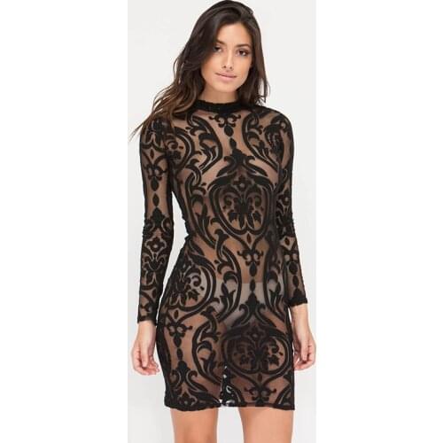 Sexy Dresses Babydoll Lingerie Sexy Transparent Long Sleeve Dress Nightclub Sexy Net Gauze Transparent Hollow Slim Hip Dress