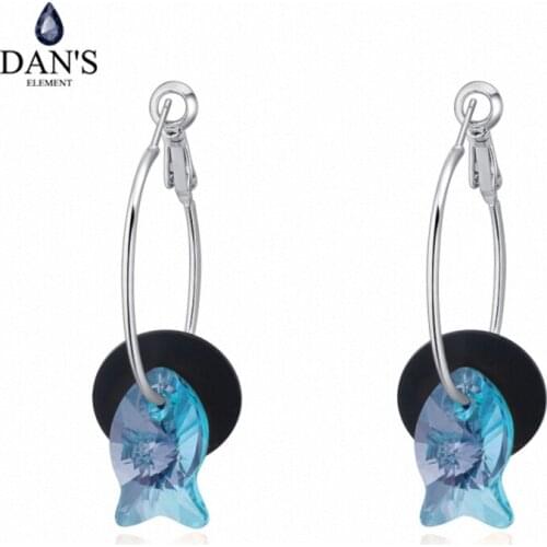 DANS Element White Gold Color Real Austrian Crystals Cute Fish Circle Earrings for Women Valentine Gift New Fashion Blue 126807