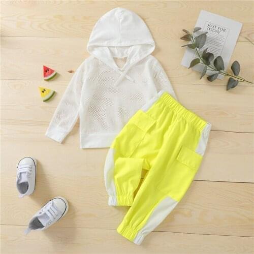 2Pcs Little Girls Boys Outfit, Toddlers Long Sleeve Mesh Hooded Tops + Color Matching Long Pants Sports Suit, 18Months-6Years