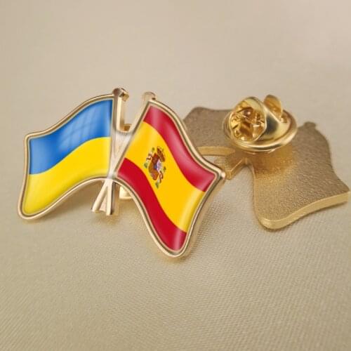 Ukraine and Spain Crossed Double Friendship Flags Lapel Pins Brooch Badges