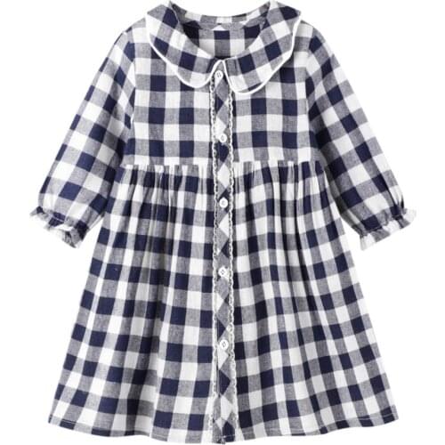 Spring And Autumn Girls Blue And White Plaid Long Sleeve Girls Dresses Cotton Costume Kids Princess Dress