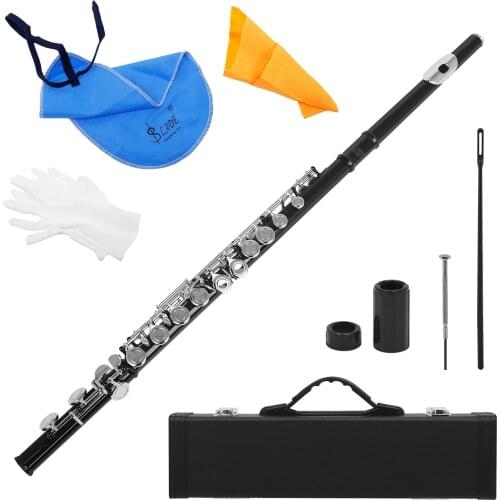 Western Concert Flute Cupronickel Nicke Plated 16 Holes C Key Flute Woodwind Instrument & Cleaning Cloth Stick Gloves Mini Case