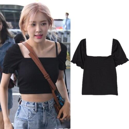 Kpop Korean Celebrity ROSE 2021 new Black square collar T shirt women summer retro sexy tops streetwear short tshirt female tees