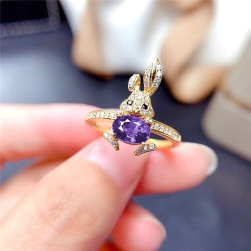 Female Luxury Bridal Wedding Set Purple Crystal Cute Rabbit Necklace Ring Sets Vintage Yellow Gold Animal Jewelry Sets For Women