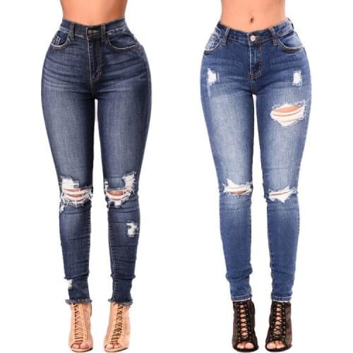 FNOCE 2020 autumn winter womens ripped pants street fashion high waist tight high stretch slim sexy hole denim pencil trouser