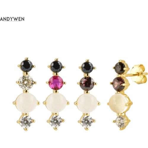 ANDYWEN 100% 925 Sterling Silver Round Stud Earring Lemon Rhodolite Milk Zircon CZ Color Line Women Piercing Ohrringe Pendiente