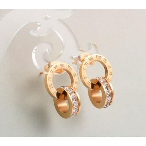 Top Brand Hight Quality Titanium Steel Double Wound Roman Numerals Crystal Stud Earrings for Women Gifts Fashion Jewelry