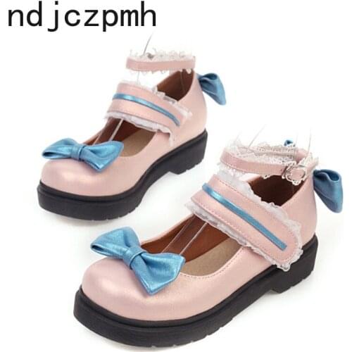 Women Pumps Spring and Autumn The New Fashion Round Head Buckle Shallow Mouth Bow Lace Low-heeled Womens Shoes Plus Size 34-43