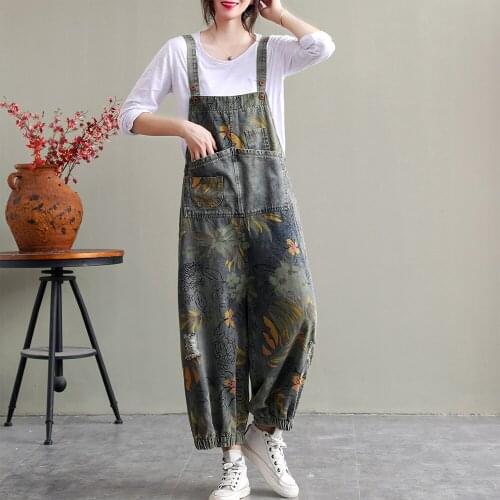 L-2XL New Style Women Flower Printed Jumpsuits Casual Jeans High Quality Cool Overalls