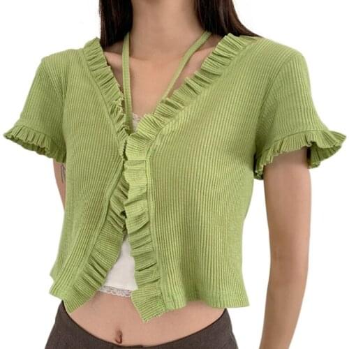 Summer 2020 New Korean Version Of The Net Red V-neck Thin Sweater Female Wood Ear Lace Short Cardigan Top