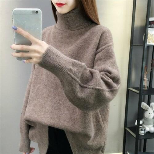Women Thick Turtleneck Sweater Winter Clothing Girls Loose Vintage Brown High Neck Sweater Long Sleeve Knitted Pullover Knitwear