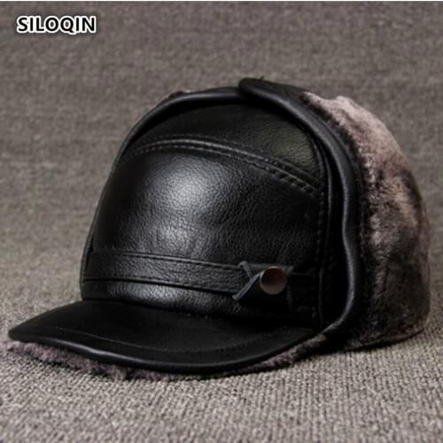 SILOQIN winter Genuine Leather hat Middle old aged Men Thicken warm First layer cowhide Bomber hats Earmuffs Windproof Bone cap