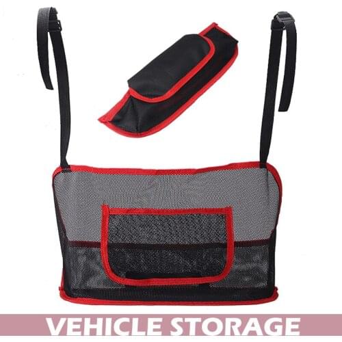 1pc Car Seat Side Net Pocket Handbag Holder With Adjustable Stretchy Rope Organizer Storage Tidying Mesh Bag Red