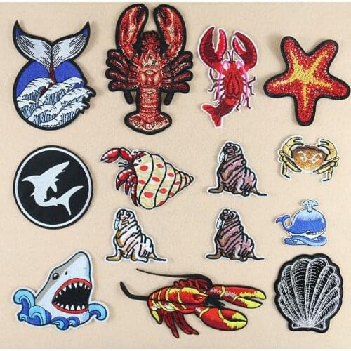 2PCS DIY Patch Cute Lobster Starfish Shark Crab Embroidery Applique Iron On Transfer For Clothing Sticker Apparel Sewing Decor