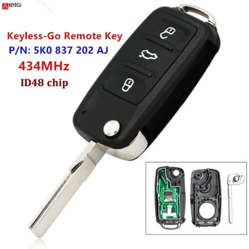 3 Button Flip Remote Key fob 434MHZ ID48 Chip 5K0837202AJ 5K0 837 202 AJ for VW Tiguan Sharan Golf 6 EOS Up Camper Scirocco
