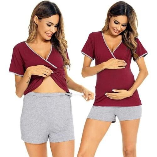 Maternity Red Blue Nursing Pajamas Shorts Set V-Neck Stripe Ultra Soft Pregnancy Breastfeeding Sleepwear Pyjama Femme