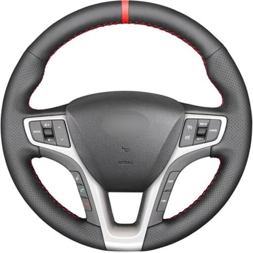 Black PU Faux Leather Red Marker Hand-stitched Car Steering Wheel Cover for Hyundai I40 2011-2019