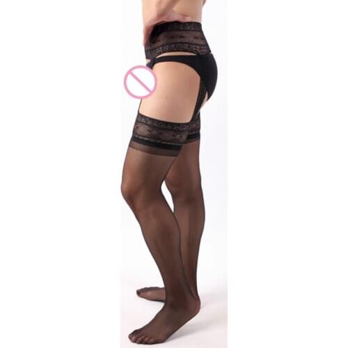 Mens Crotchless Stockings Man Sexy Open Crotch Tights Stretchy Sheer Lace Pantyhose Black Gentleman Collant Ouvert Strumpfhose