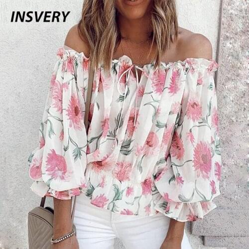 Elegant Floral Shirt Women Off Shoulder Lace Up Sexy Shirt Long Sleeve Casual Tops Ladies Tee Pullover Loose Shirts For Women