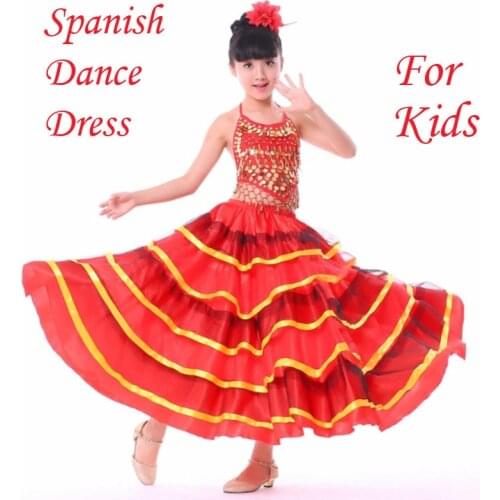 Spanish Flamenco Red Skirt Bullfight Dance Dress Costumes For Kids Girls Stage Wear Performance Female Clothing