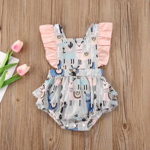 Pudcoco Newborn Baby Girl Clothes Sleeveless Cartoon Flower Print Ruffle Romper Jumpsuit One-Piece Outfit Sunsuit Summer Set