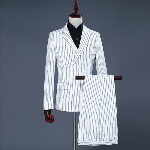 Mens White Stripe Suits with Pants Wedding Groom Two Piece Suit Men Tuxedo Tailcoat Suit Stage Singer Prom Costume Homme Terno