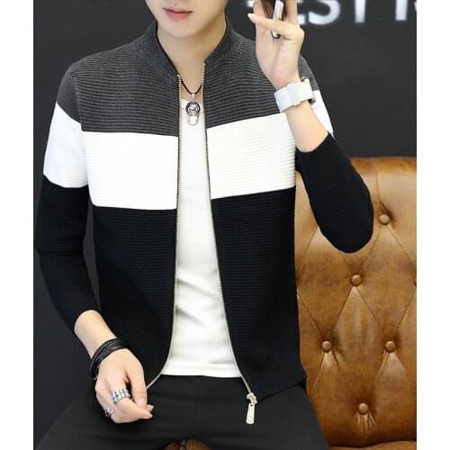 2018 mens sweater slim cardigan zipper leisure coat stripes Long sleeve size M--XXL