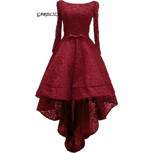 2019 New Black Burgundy Hi Lo Evening Dresses Formal Gown Long Sleeve Lace Beaded Plus size Prom Gown High Low Dress