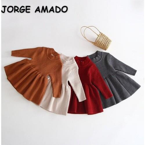 2021 New Autumn Kids Girls Dress Long Sleeve Round Collar Wool Princess Knitting Dresses for Children Clothes 0-4 Years E102