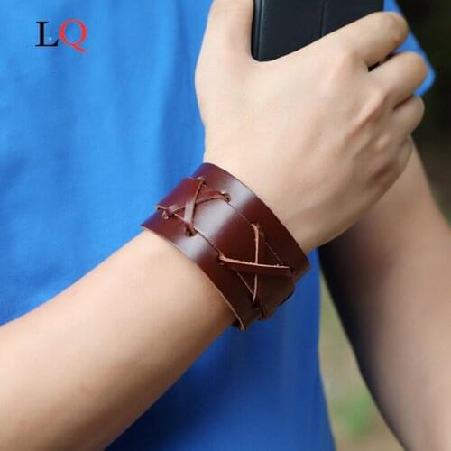Punk Exaggerated Wide Brown Genuine Leather Bracelet for Men Vintage Retro Creative Wrap Unisex Bangle Jewelry Bracelet for Men