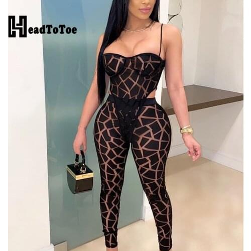 Sexy Spaghetti Strap Mesh Bodysuits & Skinny Pants Set Women Two Piece Set Party Clubwear