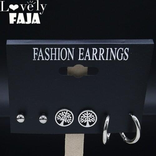 3 pcs Tree of Life Stainless Steel Earrings Set Women Small Silver Color Small Earrings Set Jewelry accesorios mujer E612953