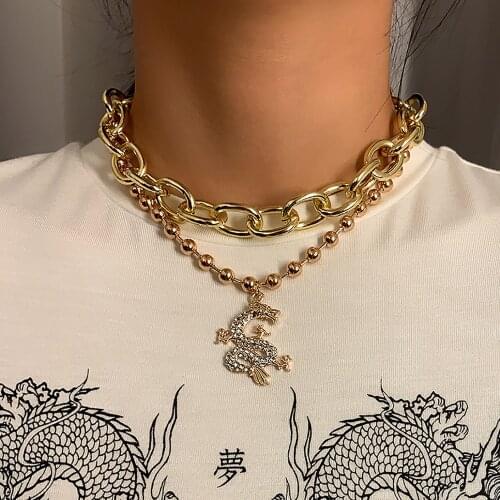 Vintage Multilevel Thick Bead Chains Crystal China Dragon Shape Pendant Necklaces For Women Fashion Female Necklace Jewelry