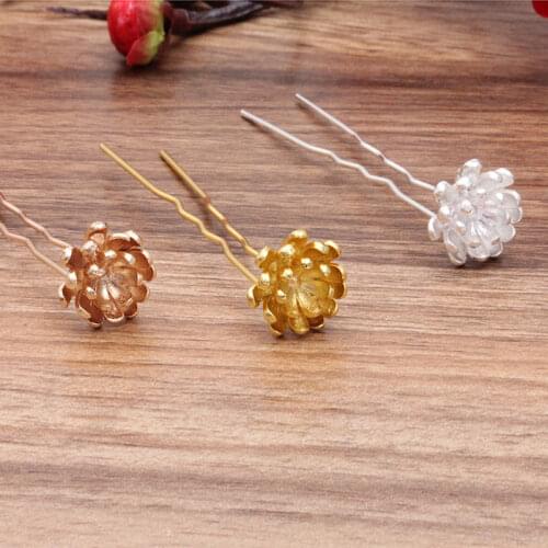 5pcs/lot Gold Silver Color Vintage Bridal U Hair Clips with Flower Caps Hair Pins Haircllip for DIY Hair Jewelry Making Findings