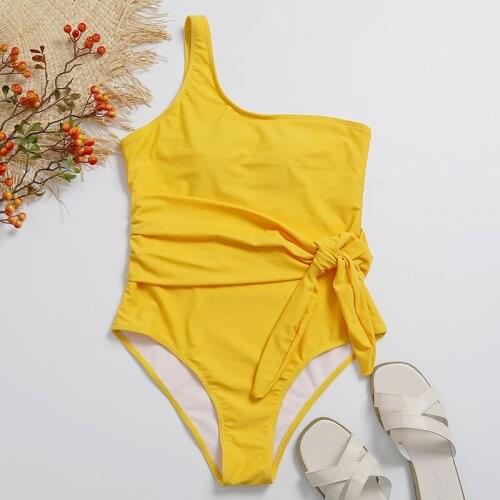 Yellow Swimwear Women One Piece Swimsuit Female 2021 Summer Sexy One Shoulder Bodysuits Bow High Cut Bathing Suit Beachwear