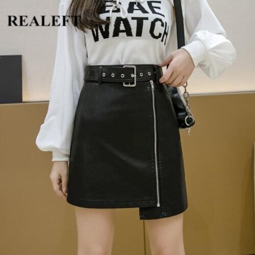 REALEFT New 2020 Autumn Winter Zipper Black PU Leather Skirts Female Wrap Skater Skirts High Waist Sexy Mini Skirts with Belt