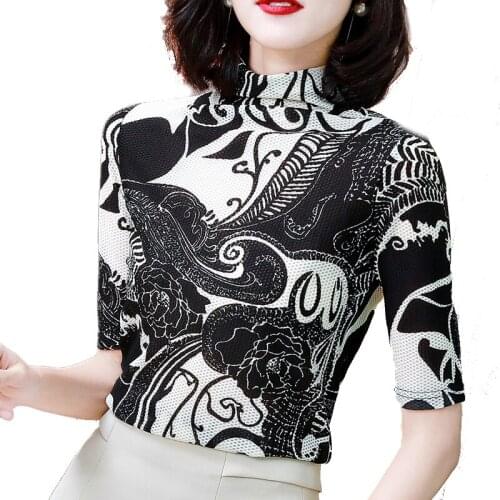 Half sleeve shirts Women Mesh Furtleneck Fashion Female High Quality Bottoming spring blouse 2021 New Tees Tops T-shirts femmes