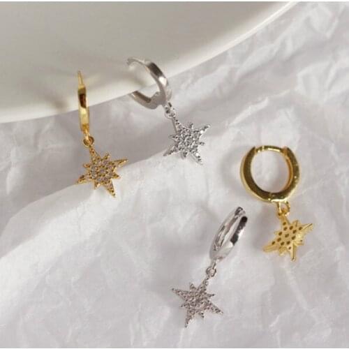 Womens Earrings S925 Silver Color Beautiful Little Stars Shiny Zircon Stars Double Stud Earrings Womens Jewelry Gifts