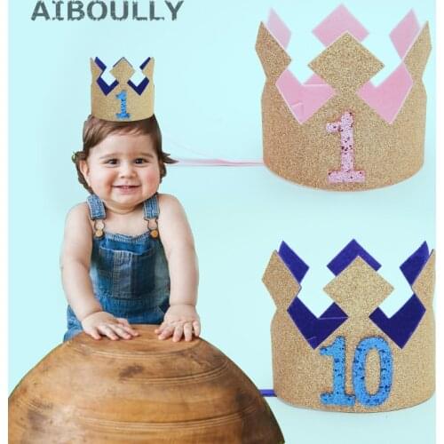 Gold Princess Crown 1-5 Year Old Glitter Hair Accessory Princess Hairband Baby Shower Girl First 1st Birthday Party Hat Decor