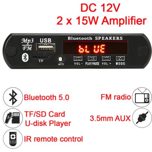 2*15W Amplifier MP3 Bluetooth 5.0 Decoder Board 12V Car FM Radio Module Support TF USB AUX WMA WAV MP3 Player Decoder Board