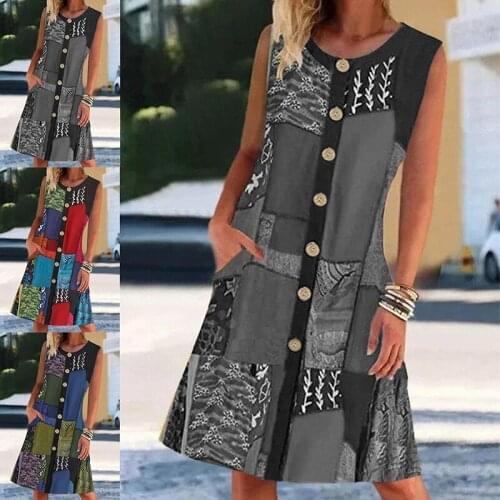 2021 Summer Womens Dress Sleeveless Fashion Round Neck Printed Contrast Pocket Dress Casual Loose Beach Party Dresses