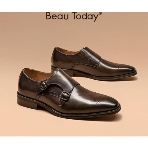 BeauToday Monk Shoes Men Cow Leather Metal Buckle Brogue Round Toe Formal Business Suit Slip-On Flats Handmade 50048