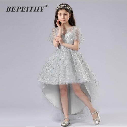 BEPEITHY Glittler Sliver Kids Pageant Dress For Party Short Sleeves A-Line Shinny Flower Girl Dress New