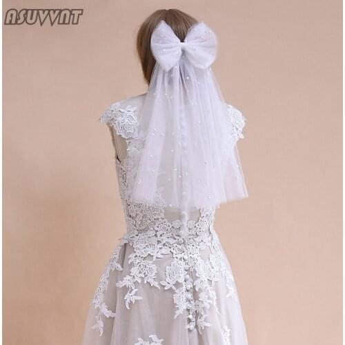 Fashion Veil For Bride Gauze Bow Pearl Wedding Veil With Comb Beaded Fine Mesh Veil For Party Dress Up Wedding Accessories