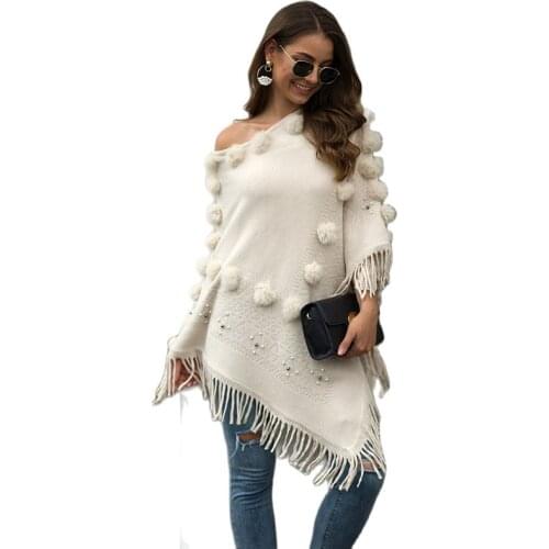 Fringe Hairball Bohemian Cloak Cape Oversized Sweater Female Knitwear Winter Clothing Irregular Poncho Women 2021 New Style